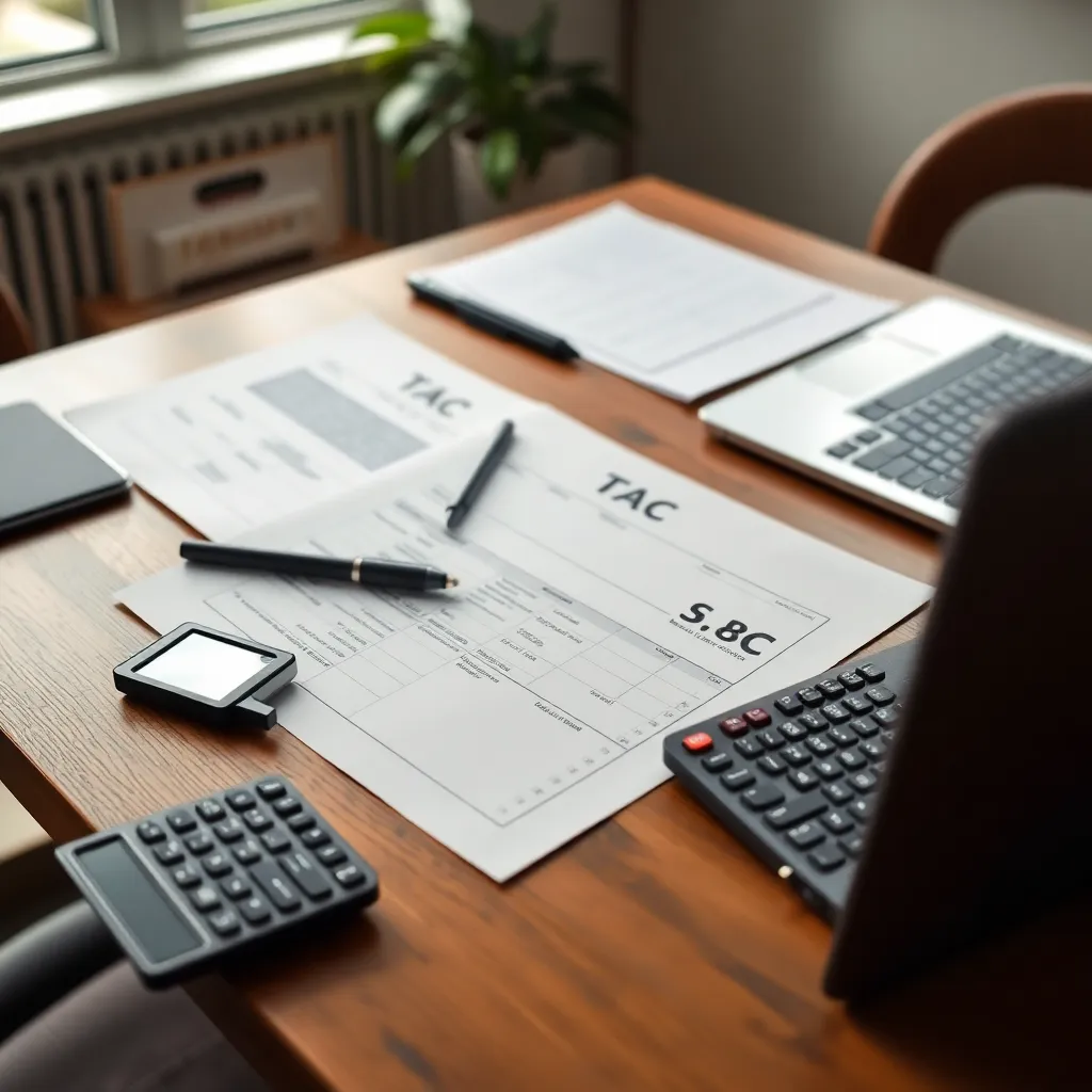 Belastingdocumenten en laptop op een bureau